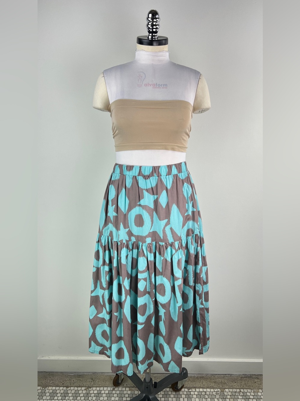 💚 3563. Cotton Teal Patterned Tiered Midi Skirt
